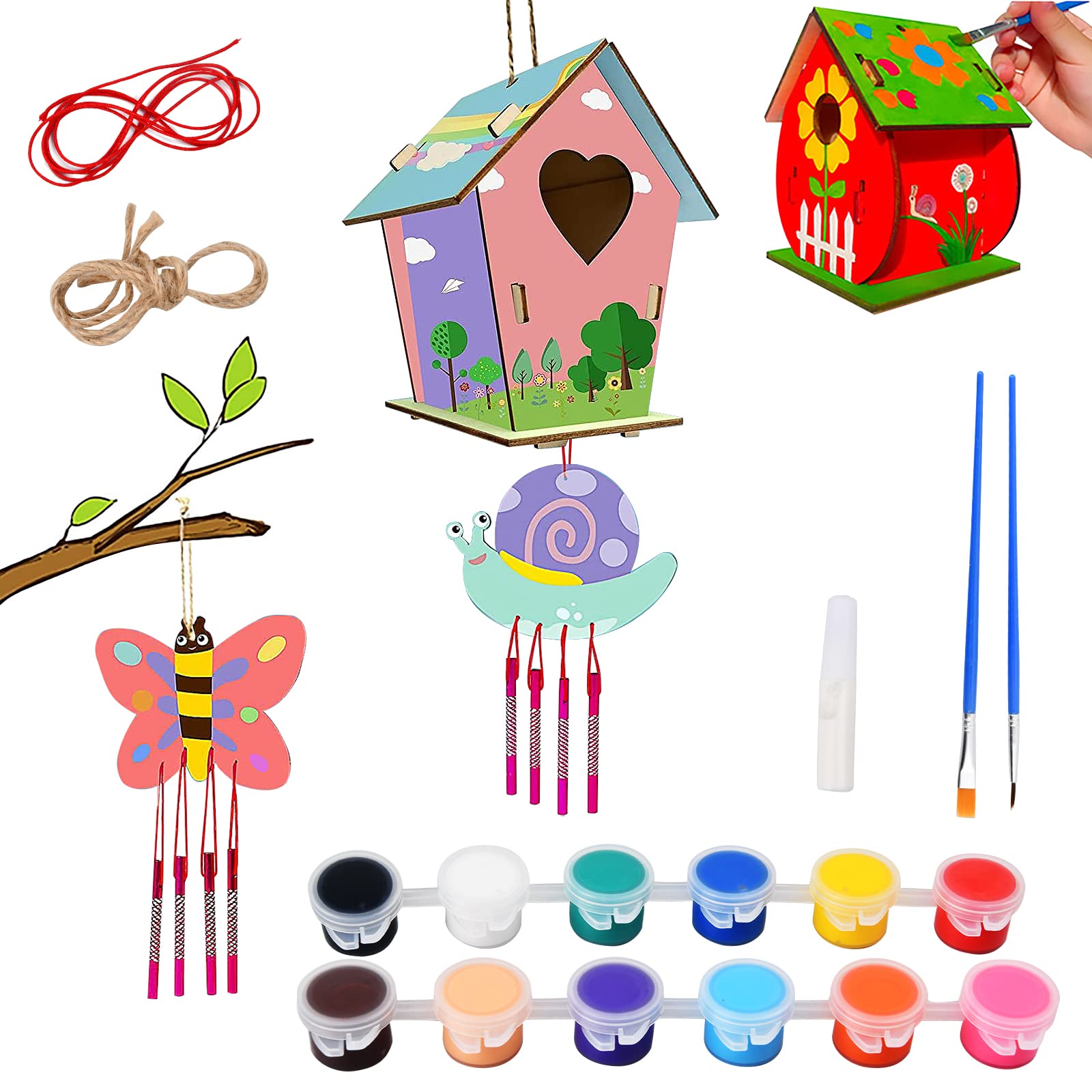 Cozlly DIY Bird House Kit, 2 Pack Craft Kits for Kids to Build and Paint Birdhouse Including Paint, Brushes, Strings, Wind Chimes, Wooden Arts for Girls Boys Toddlers, Window, Garden, Balcony