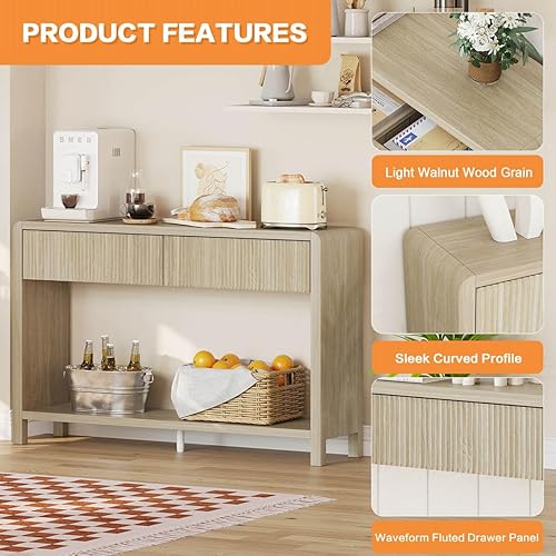 Miniatura 6 de FATORRI Mesa consola con 2 cajones y estantería de 5 cubos para sala de estar (nogal claro)