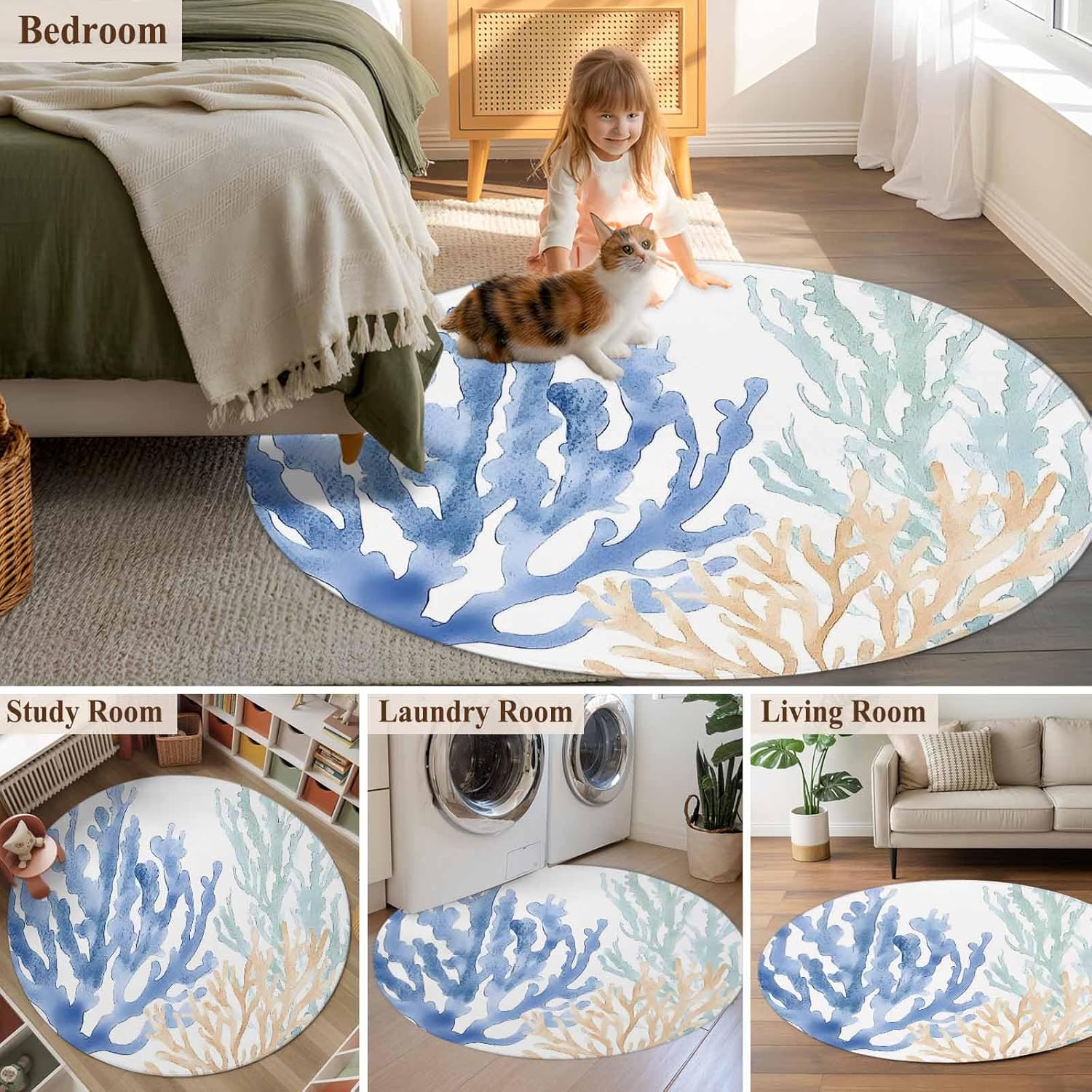 Coral Blue Green Beige Round Rug 3ft Area Rug Washable Soft Non-Slip 3' Circle Low Pile Rugs Summer Coastal Ocean Plant Carpet for Bedroom Living Room Entryway Home Office Dining Room