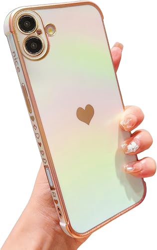 phylla for iPhone 16 6.1" 5g Phone Case Luxury Plated Cute Heart Iridescent Rain