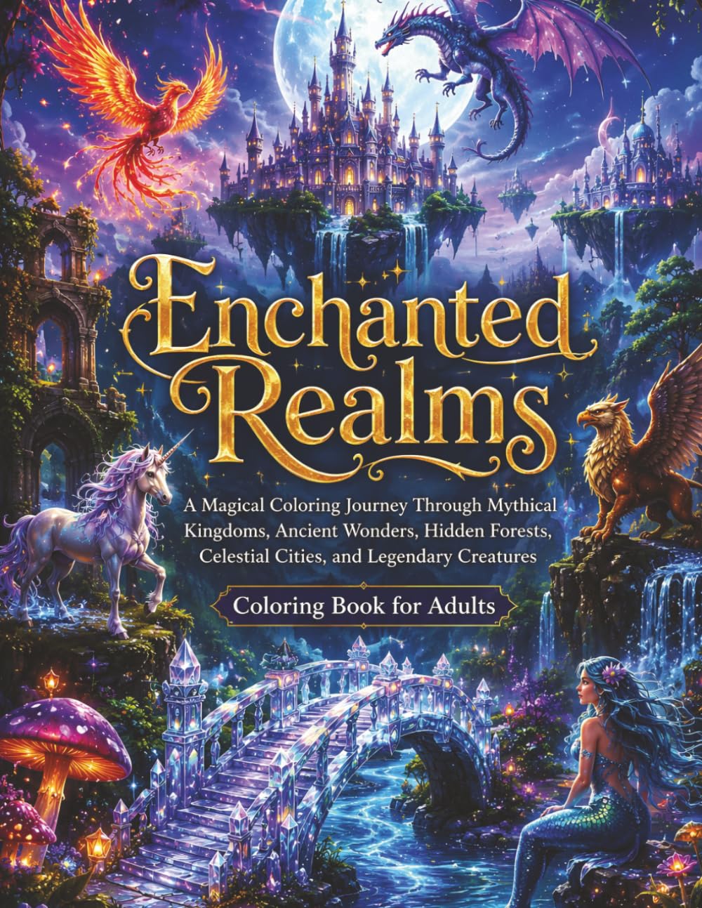 Enchanted Realms Colouring Book: A Magical Coloring Journey Through Mythical Kingdoms, Ancient Wonders, Hidden Forests, Celestial Cities, and Legendary Creatures