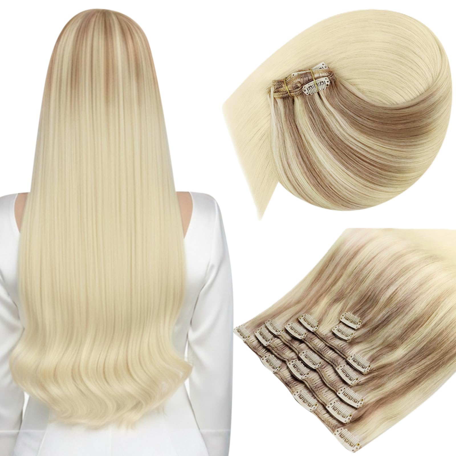 Sunny Hair Clip in Hair Extensions Real Human Hair 120g Remy Hair Clip in Extensions for Women Human Hair Extensions Ombre Blonde Highlights Long