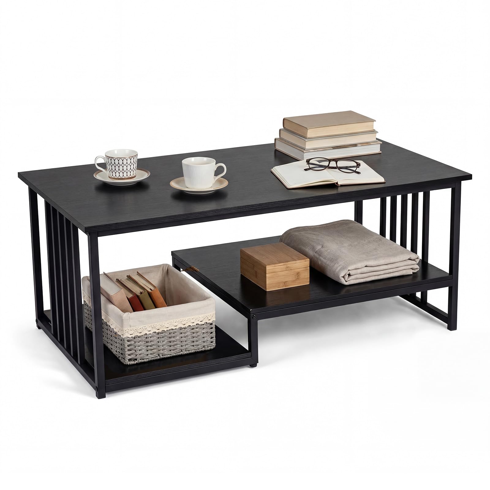 COSTWAY Couchtisch, Wohnzimmertisch 3 Ebenen mit robustem Metallgestell, Industrie-Design, rechteckiger Kaffeetisch 110 x 60 x 45 cm, Sofatisch für Wohnzimmer & Büro (Schwarz)