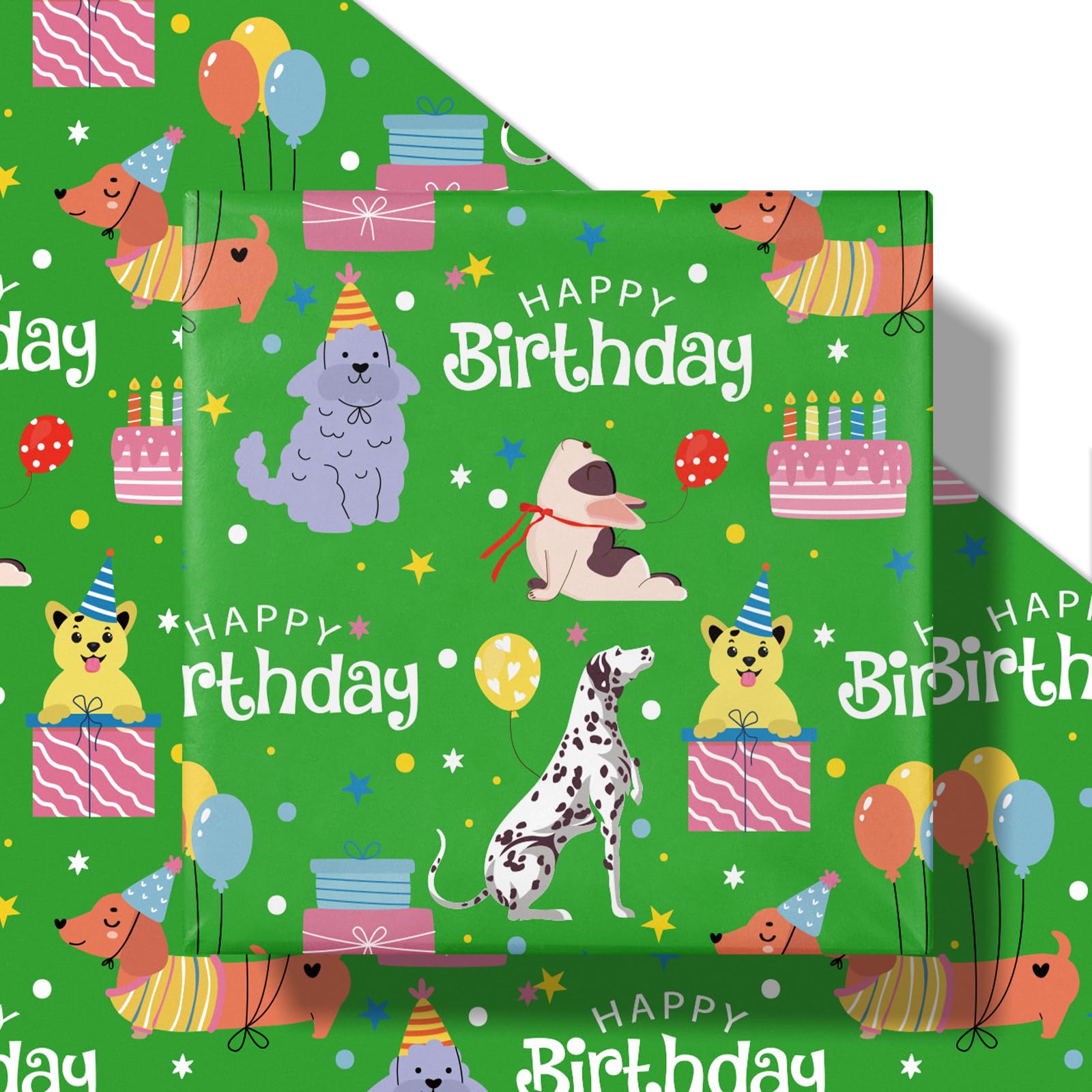 RUSPEPA Birthday Dog Wrapping Paper Roll, Mini Roll, Cartoon Puppies with Balloons, Cakes and "Let's Party" Text Design, Green Gift Wrap for Kids, Dog Lovers, Pet Parties, 43.2cm x 5m