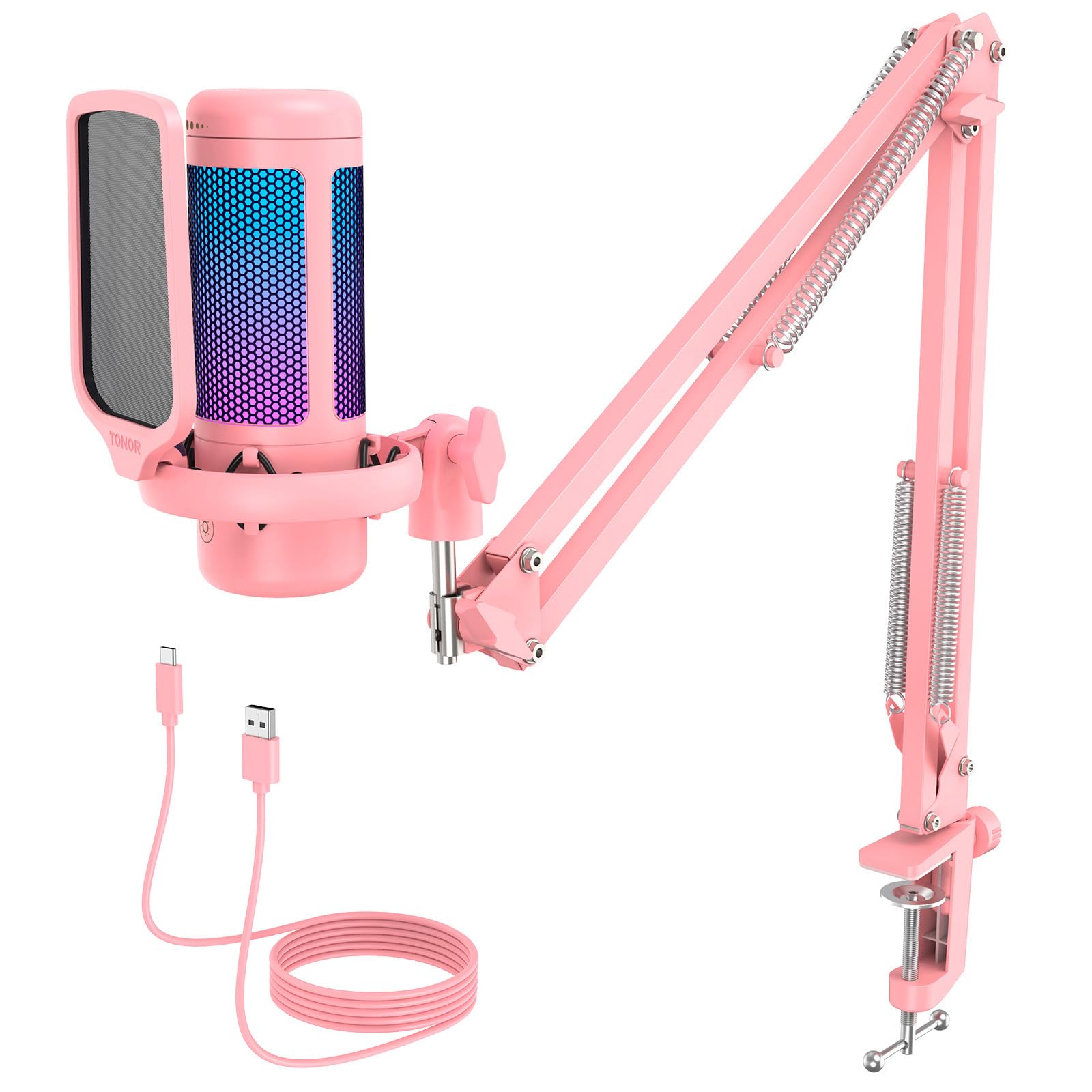 TONOR Gaming Microfono, USB Mic con Supporto per Braccio, Micro a Condensatore Cardioide con RGB e Luminosità Regolabili, Mute Rapido, Controllo del Guadagno, per Streaming, Gaming,Rosa, TC310+