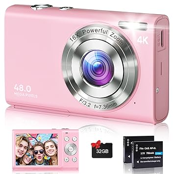 Digital Camera, 4K Autofocus Photography Camera, 48MP Anti-Shake Vlogging YouTube Camera, 16X Digital Zoom, Compact Point and Shooting Camera with 32GB Card for Teenagers