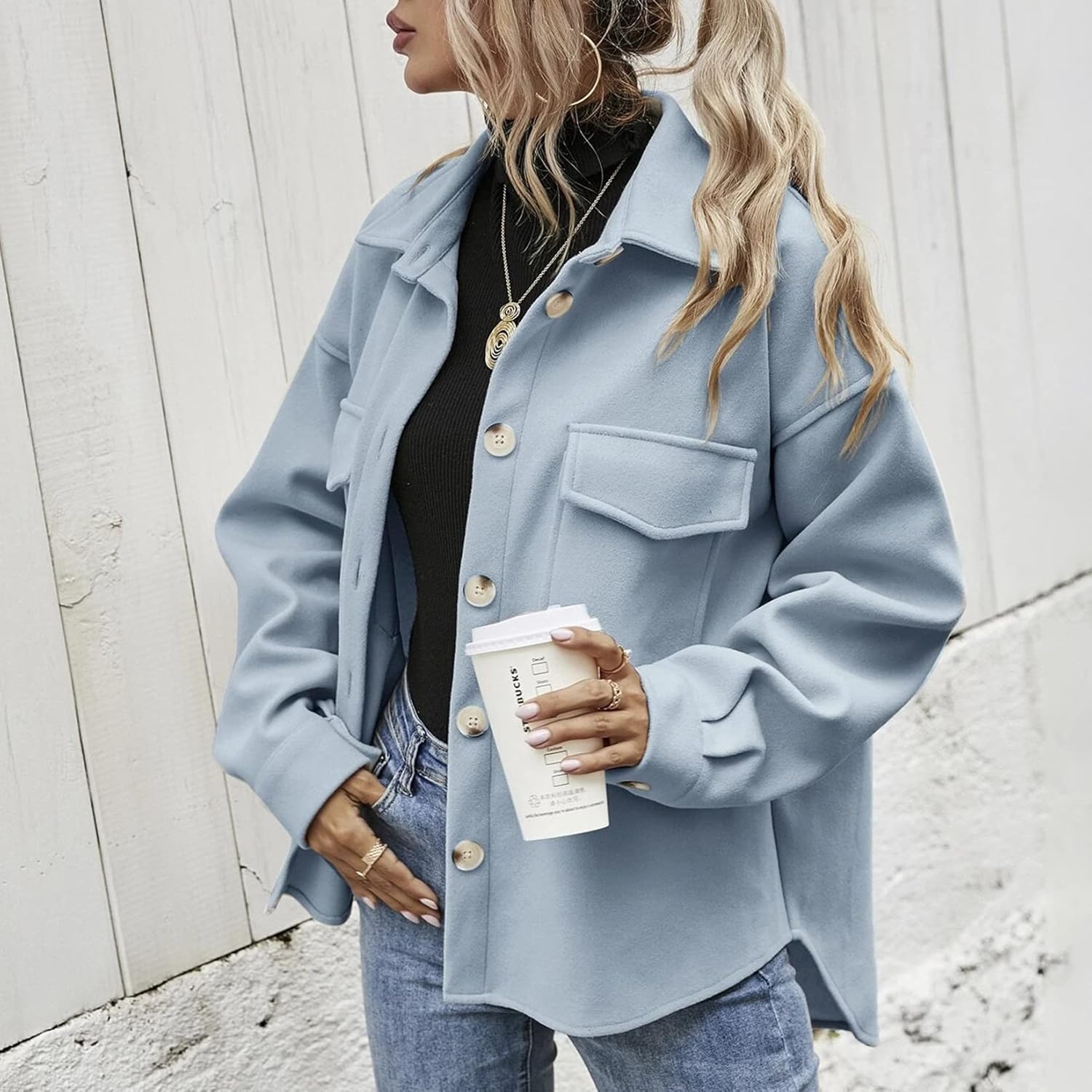 Lu's Chic Women's Long Sleeve Shirt Western Fashion Thick Fleece Button Up Oversized Shacket Jacket