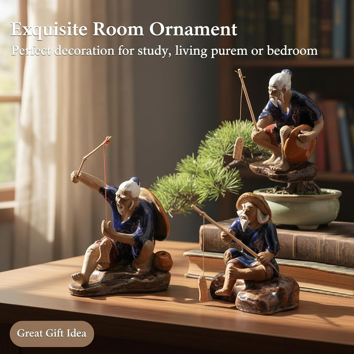 3 PCS Fisherman Statue Fishing Ornament Bonsai Accessory Tree Pot Chinese Clay Man Ceramic Garden Decoration Fish Tank Bonsai Garden Decoration image 4