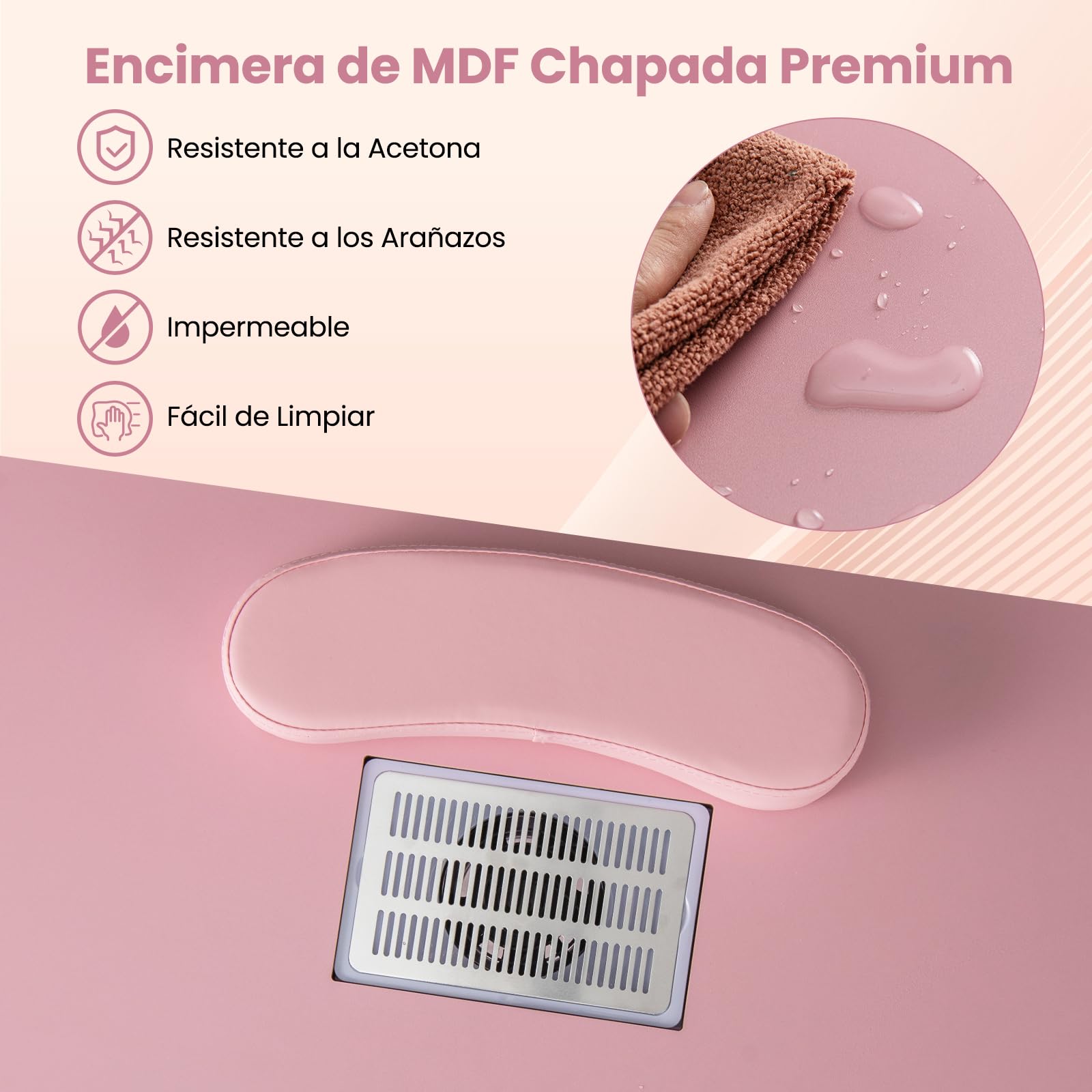 COSTWAY Mesa de Manicura con Aspirador Eléctrico, 3 Bolsas para Polvo, Reposamuñecas, 6 Cajones, Mesa para Uñas con 8 Ruedas, Mesa Manicura Profesional para Salones de Belleza, 108x45x76 cm (Rosa)