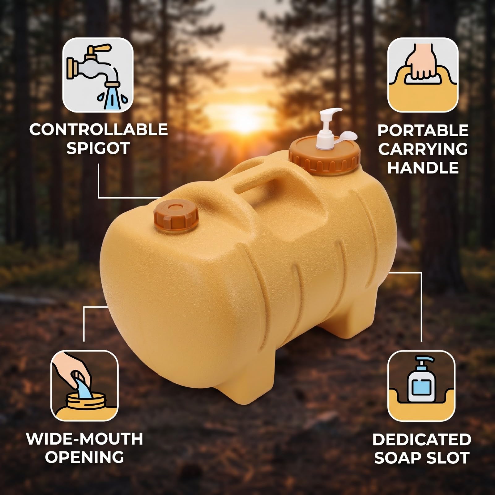 Camping Water Jug with Spigot 20L Capacity | Materiał PE klasy spożywczej, szczelna konstrukcja, przenośny do uprawiania turystyki pieszej, łatwa kontrola przepływu,