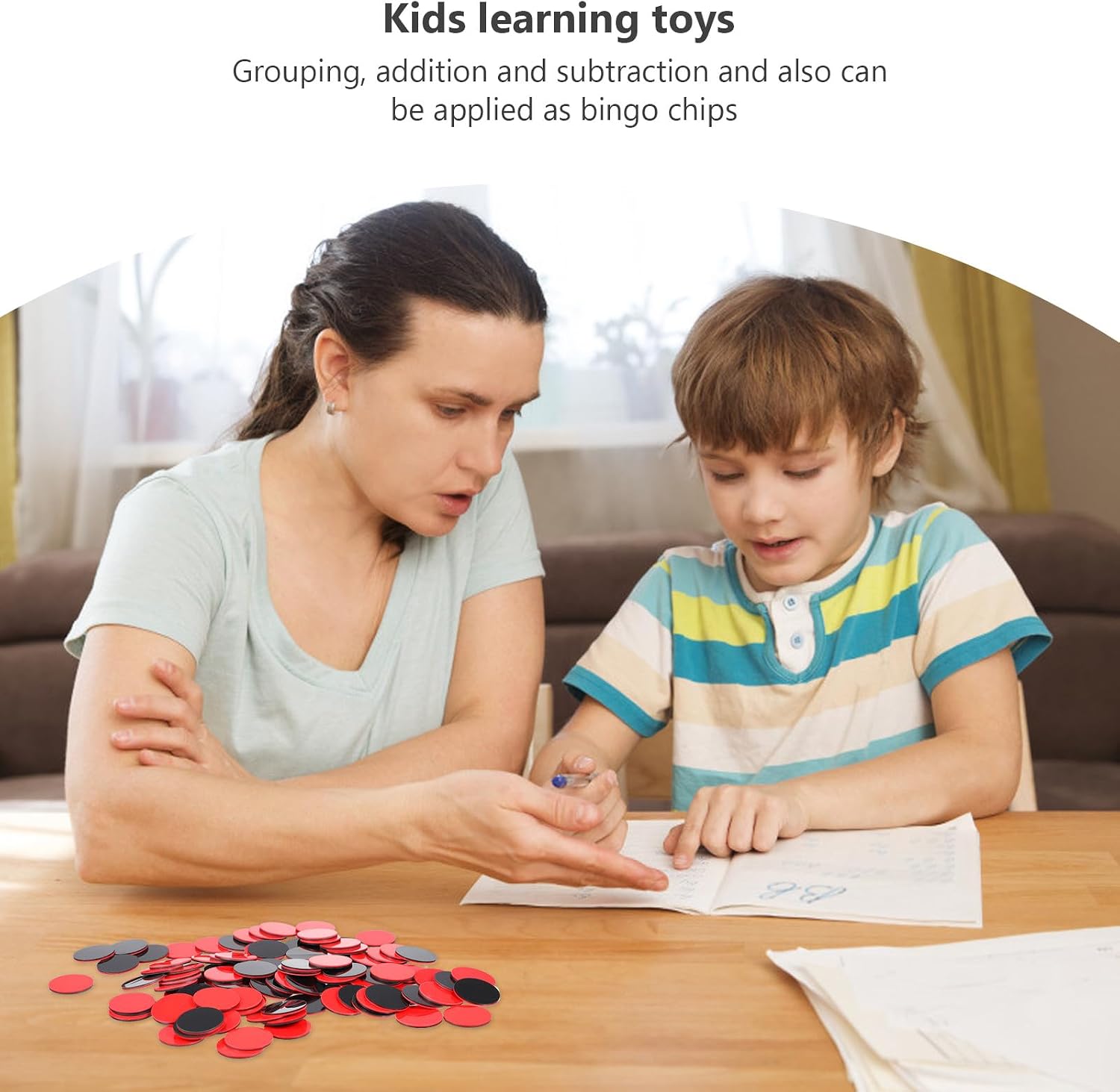 Educational Two-Color Plastic Counting Chips Math Counters Discs Storage Box for Boys and Math Practice Game Tokens Red Black