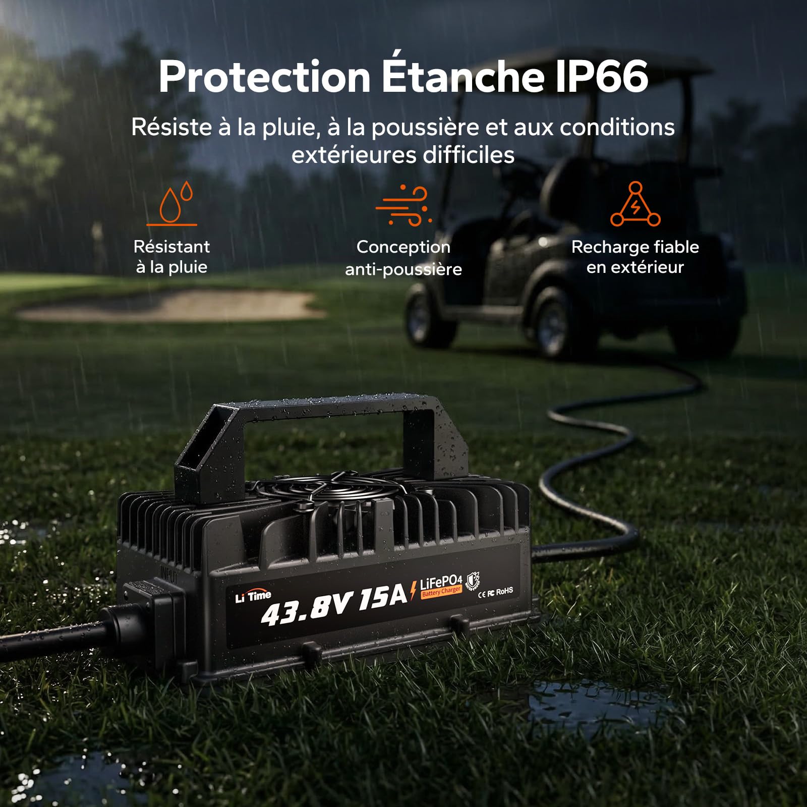 LiTime Chargeur Batterie LiFePO4 36V 15A, Chargeur Lithium 43,8V IP66 Étanche avec Activation de Batterie, Indicateur LED, Chargeur Intelligent 3 Étapes pour Golf Cart, Camping-Car, Bateau