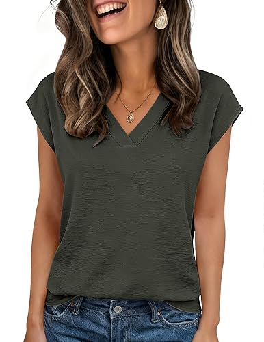 Zeagoo Womens Tops Cap Short Sleeve Textured Blouse V Neck