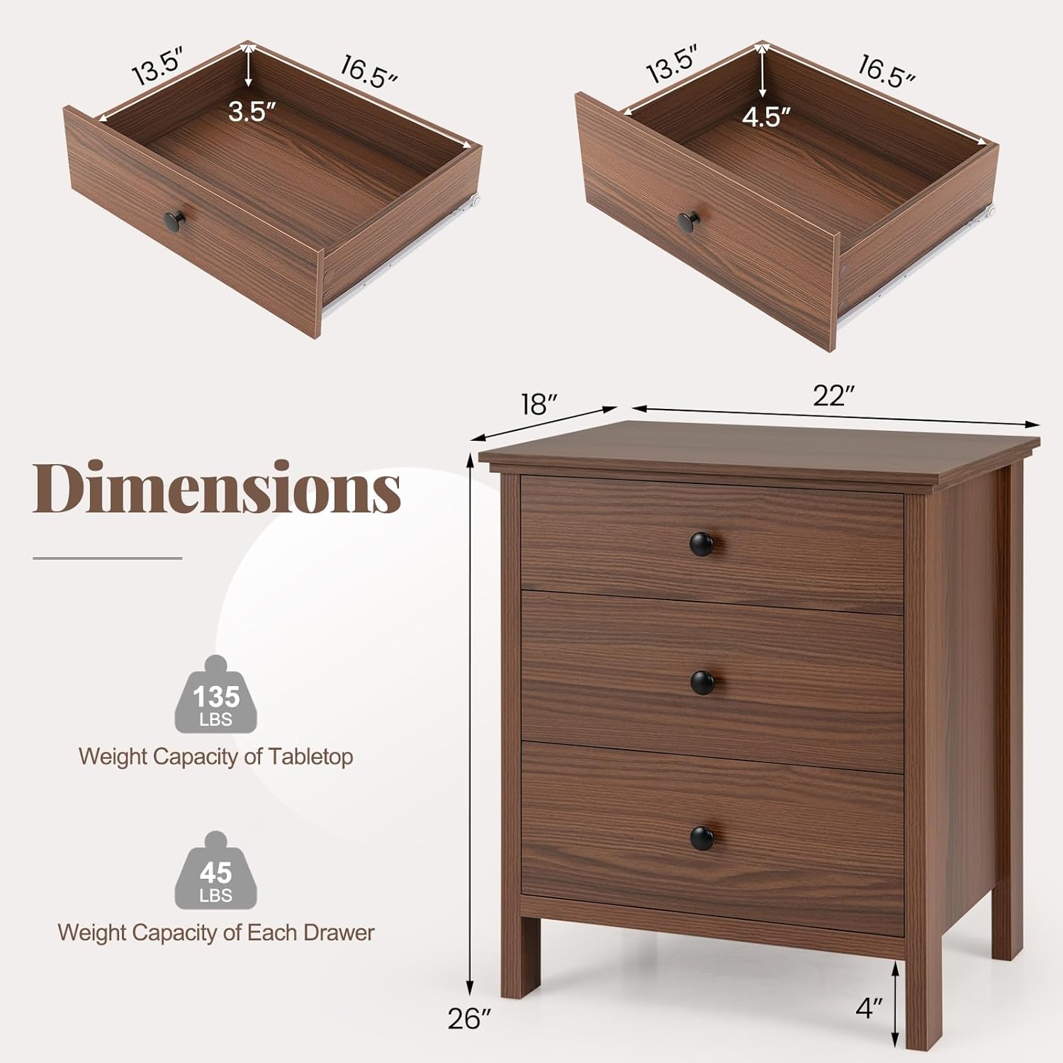 GOFLAME Nightstand with 3 Drawers, Modern Sofa Side Table with Storage, Wooden End Table, Compact Storage Cabinet, Small Bedside Table for Bedroom, Walnut