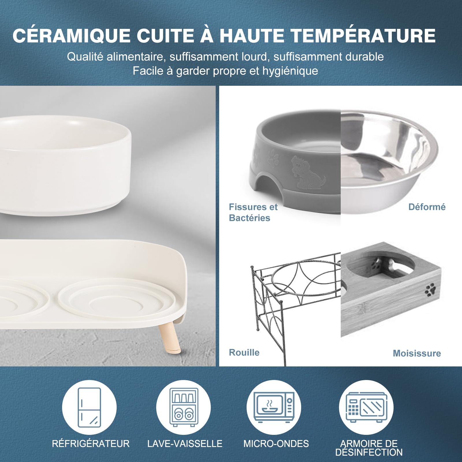 Double Gamelle Chat Surélevée en Céramique - Gamelle pour Chat avec Support Antidérapant - Bols pour Eau et Nourriture, Anti-Éclaboussures, pour Chiots et Petits Chiens - 2 x 320 ML - Blanc
