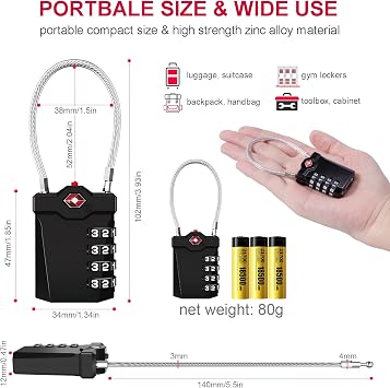 ZHEGE Luggage Locks TSA Approved, Suitcase Padlocks, White Code Padlock with Open Alert Indicator, 5.5in Flexible Cable Travel Lock, 4 Digit Combination Padlock for Gym Locker (Black, 2 Pack)