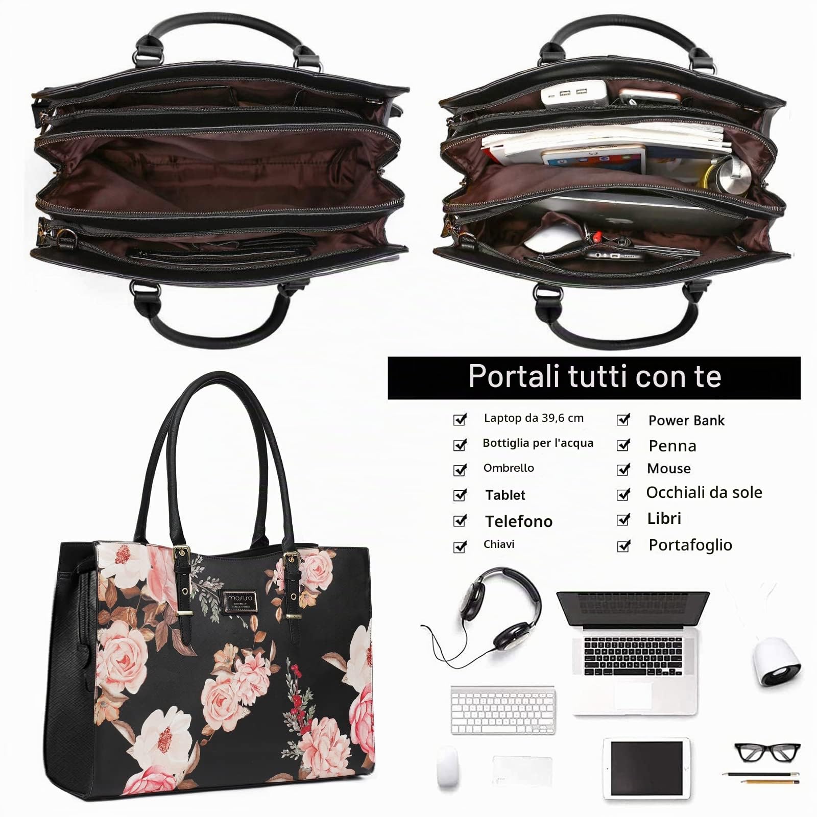 MOSISO Borsa Per Laptop Compatibile con MacBook Pro 16 2026 M5 A2485 A2141 | per M5-M1 2025-2019,Notebook 15-15,6'',Peonia Impermeabile Pu Pellelavoro Di Viaggio Valigetta Manico in Pu Regolabile,Nero
