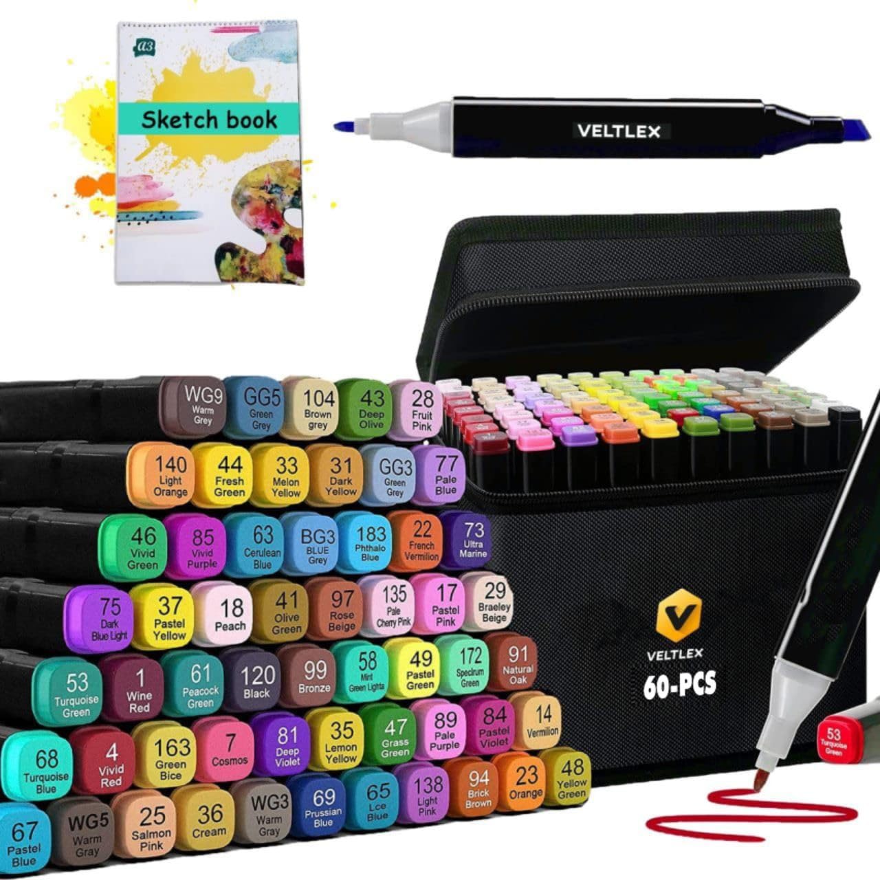 60-PACK Drawing Color Markers, Double Marker Pen Colors Art Marker Set for Calligraphy Drawing Coloring Brush Fine liner Illustration and Sketching for Adults & Children, Christmas Art Supplies Gift