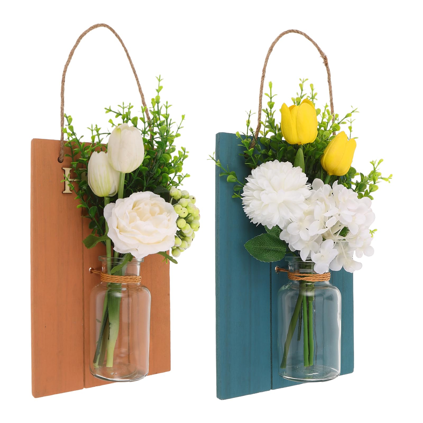 Vases Muraux en Verre OUNONA Style Campagnard avec Support Bois et Fleurs Réalistes