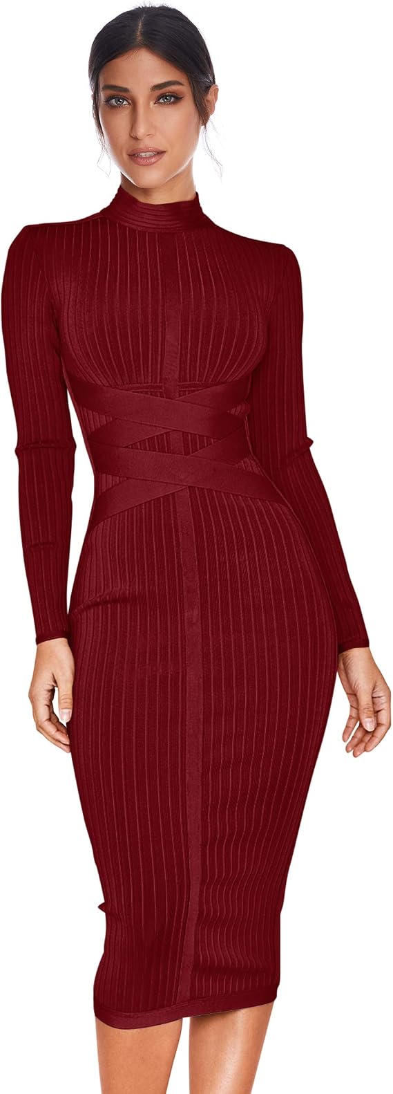 Abito da donna Rayon a maniche lunghe con fascia incrociata a costine Club  Party Midi Bodycon Abiti : Amazon.it: Abbigliamento