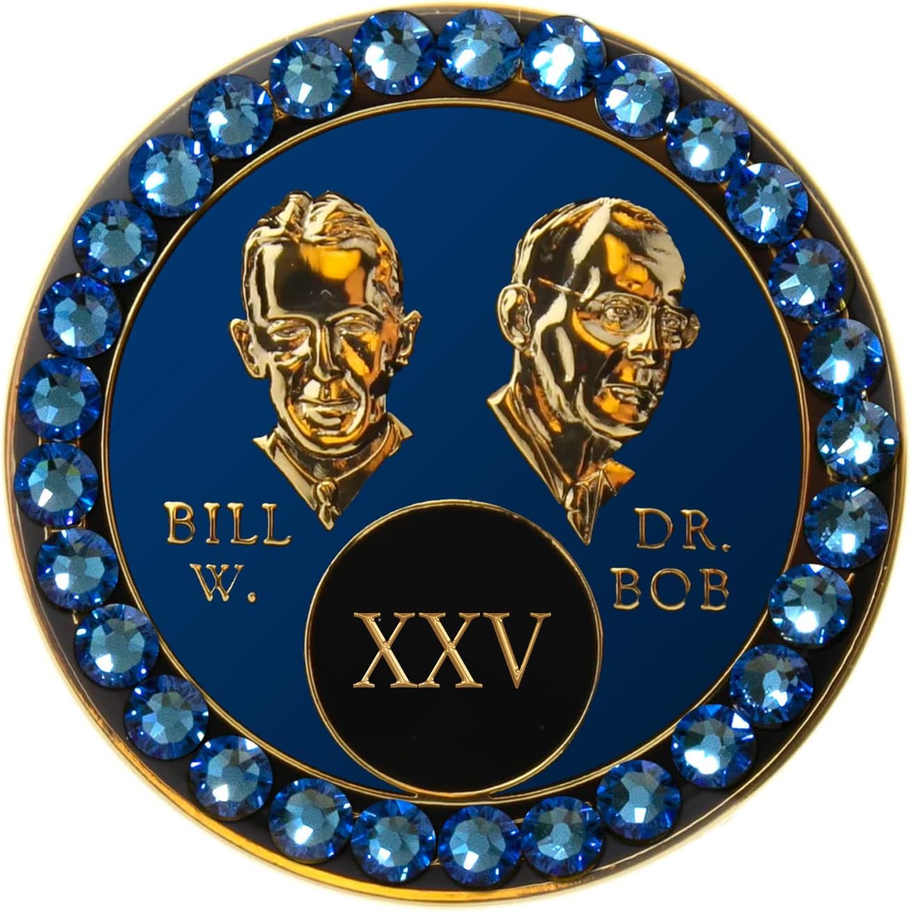 Recovery Mint Sobriety Chip AA Bill & Bob Blue Triplate Crystallized Blue Sapphire Bling (25 Year)