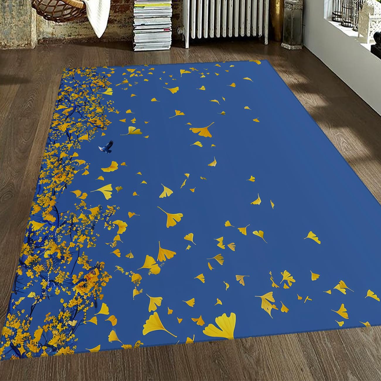 Tapis lavable bleu ginkgo 150x240cm fin doux et antidérapant pour chambre et salon