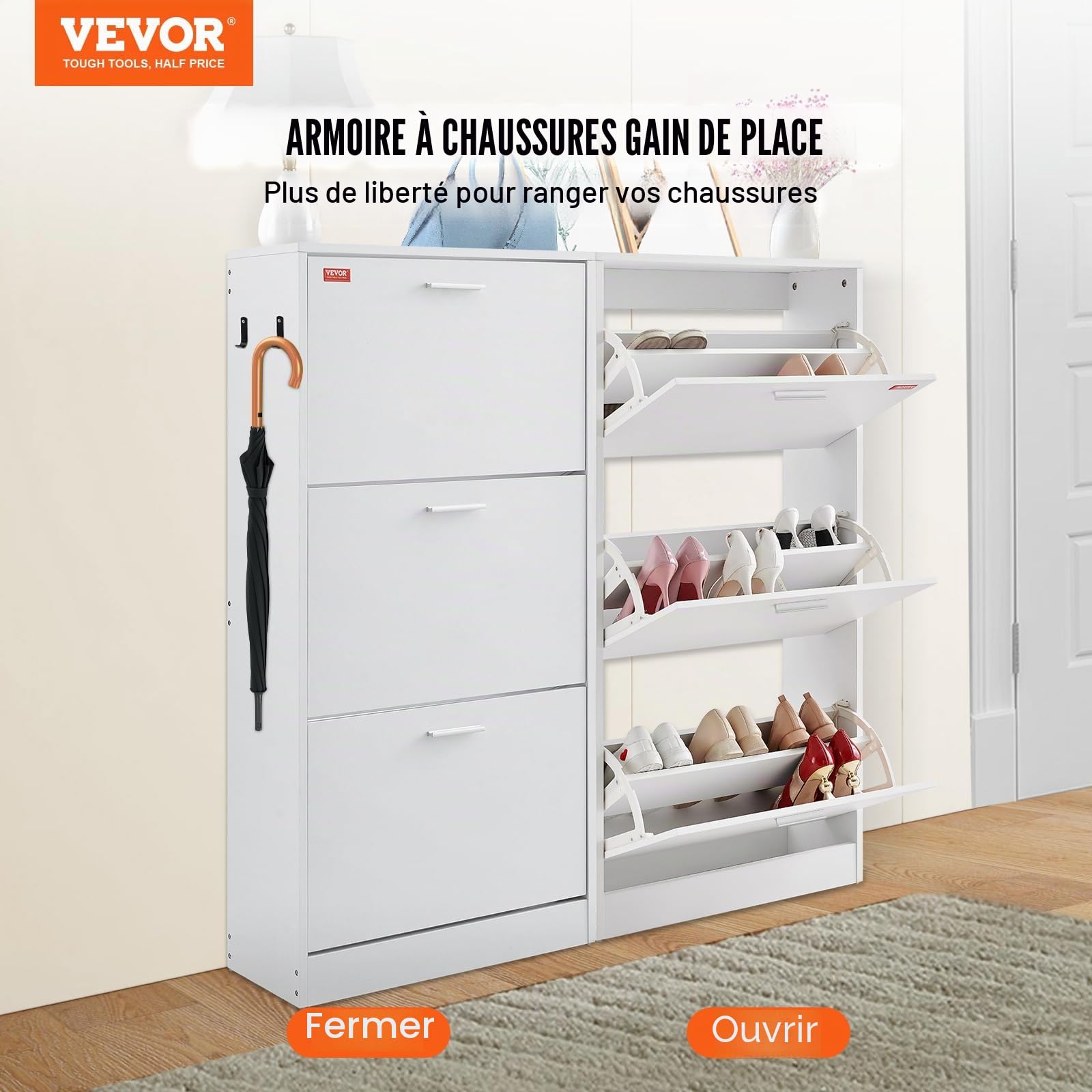 VEVOR Armoire à Chaussures étroite - Blanc - 600 x 237 x 1200 mm - avec 3 Rabats + Compartiment de Rangement supérieur - Capacité de Charge de 45,35 kg - en Bois Massif - pour Couloir