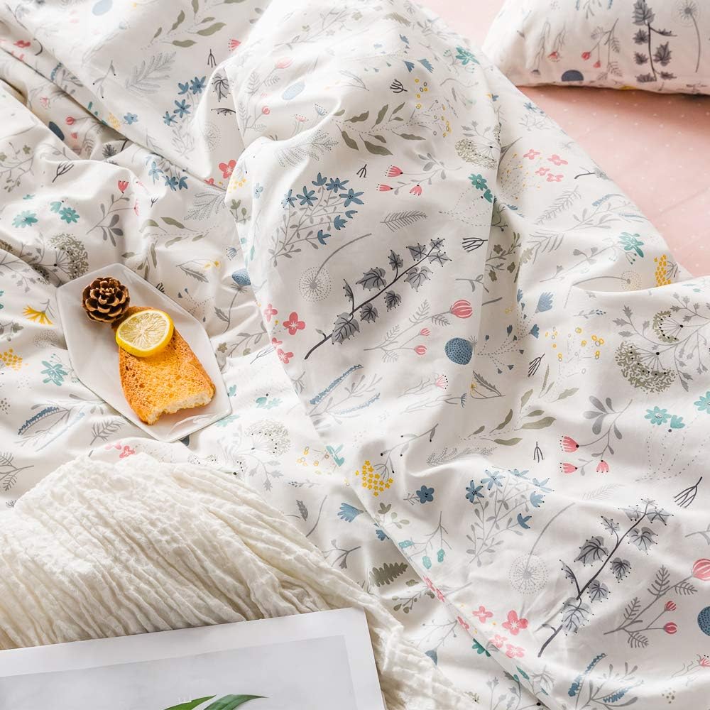 Authentic Crazy Deals EAVD Reversible Botanical Floral Duvet Cover Queen White Soft 100% Cotton Garden Floral Bedding Set with 2 Pillowcases Chic Shabby Floral Comforter Set for Girls Women with Zipper Closure