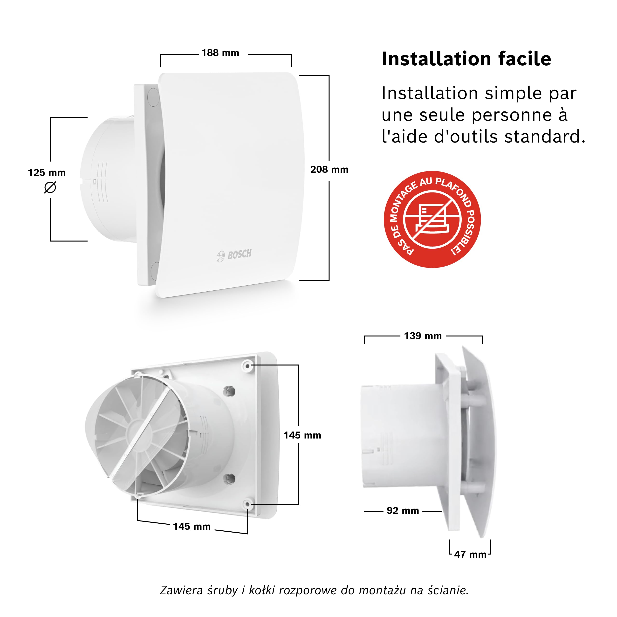 Bosch Ventilateur de Salle de Bain 1500 125mm - Pour la Ventilation dans la Salle de Bain et les Toilettes, Contre l'Humidité et la Moisissure - Avec Activation par Interrupteur - Diamètre de 125 mm