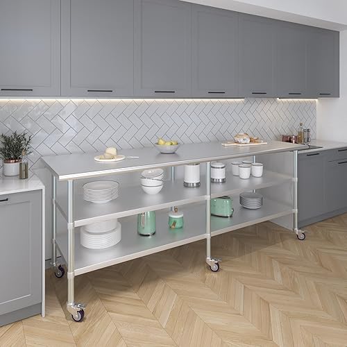 Miniatura 77 de AmGood Mesa de trabajo de acero inoxidable con 2 estantes y ruedas Mesa de trabajo de metal con ruedas