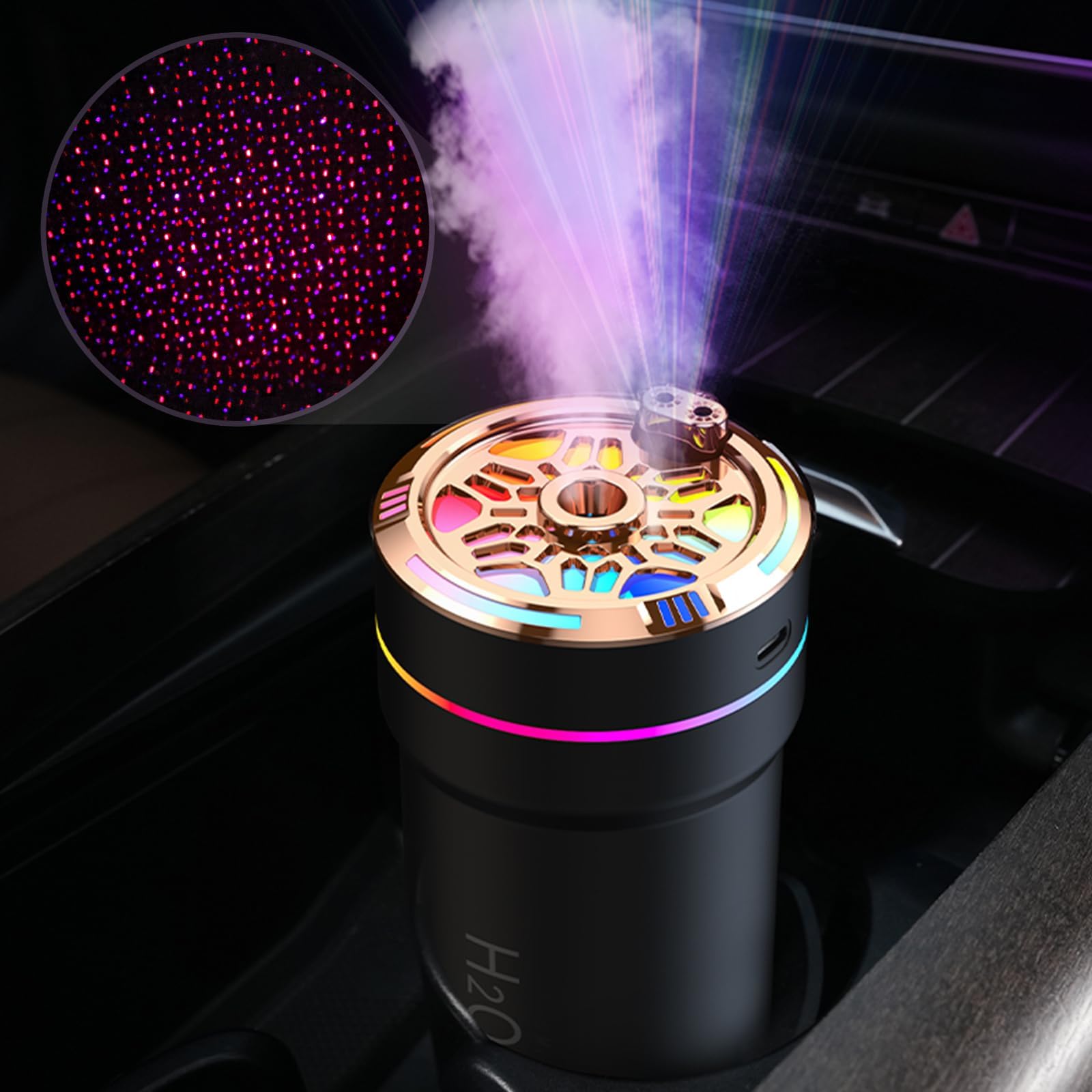 Starry Sky Humidifier Portable Small Car Diffuser with Starry Sky Laser Lights 300mL USB Powered Cool Mist Auto Shut-Off Quiet Perfect for Cars, Office, and Home