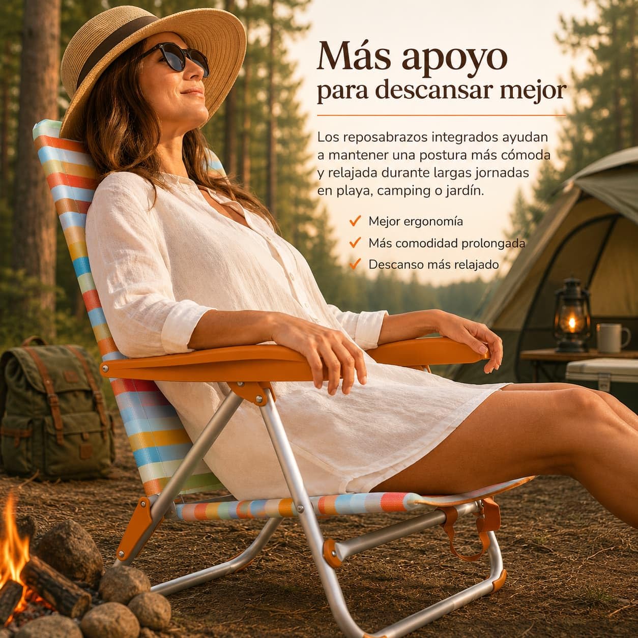 Silla de Camping Respaldo Alto - Plegable y Reclinable - para Playa, Terraza, Piscina, Jardín - 37cm Altura Asiento - Ocre a Rayas - con Asas de Fácil Transporte y Reposabrazos - Textileno y Aluminio