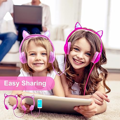 Miniatura 5 de Olyre - Auriculares para niños, control de volumen seguro de 85 dB, luces LED, auriculares con orejas de gato para iPad, Fire Tablet, Kindle,