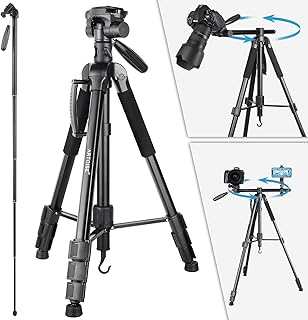 70” Camera Tripod Monopod Horizontal Tripod 3-in-1 Multifunctional Tripod Lightweight Aluminum Tripod with 360° Adjustable Ball Head and Two Phone Holder Mount for DSLR Camera Cell Phone and DV Video