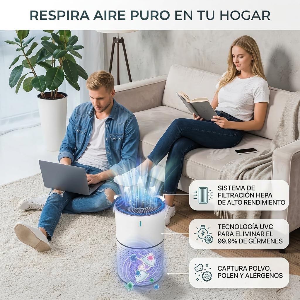 Marvics Air Purifiers Purificador de Aire Silencioso con Filtracion de Tres Capas 360 Grados Iones Negativos para Habitacion y Salon (White/Dark Grey Heather)