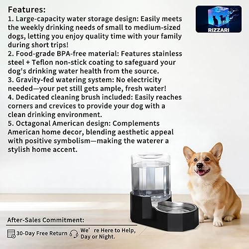 Miniatura 2 de Sfozstra - Dispensador de cuenco de agua por gravedad: comedero automático de 5L en acero inoxidable negro para gatos con cepillo especializado