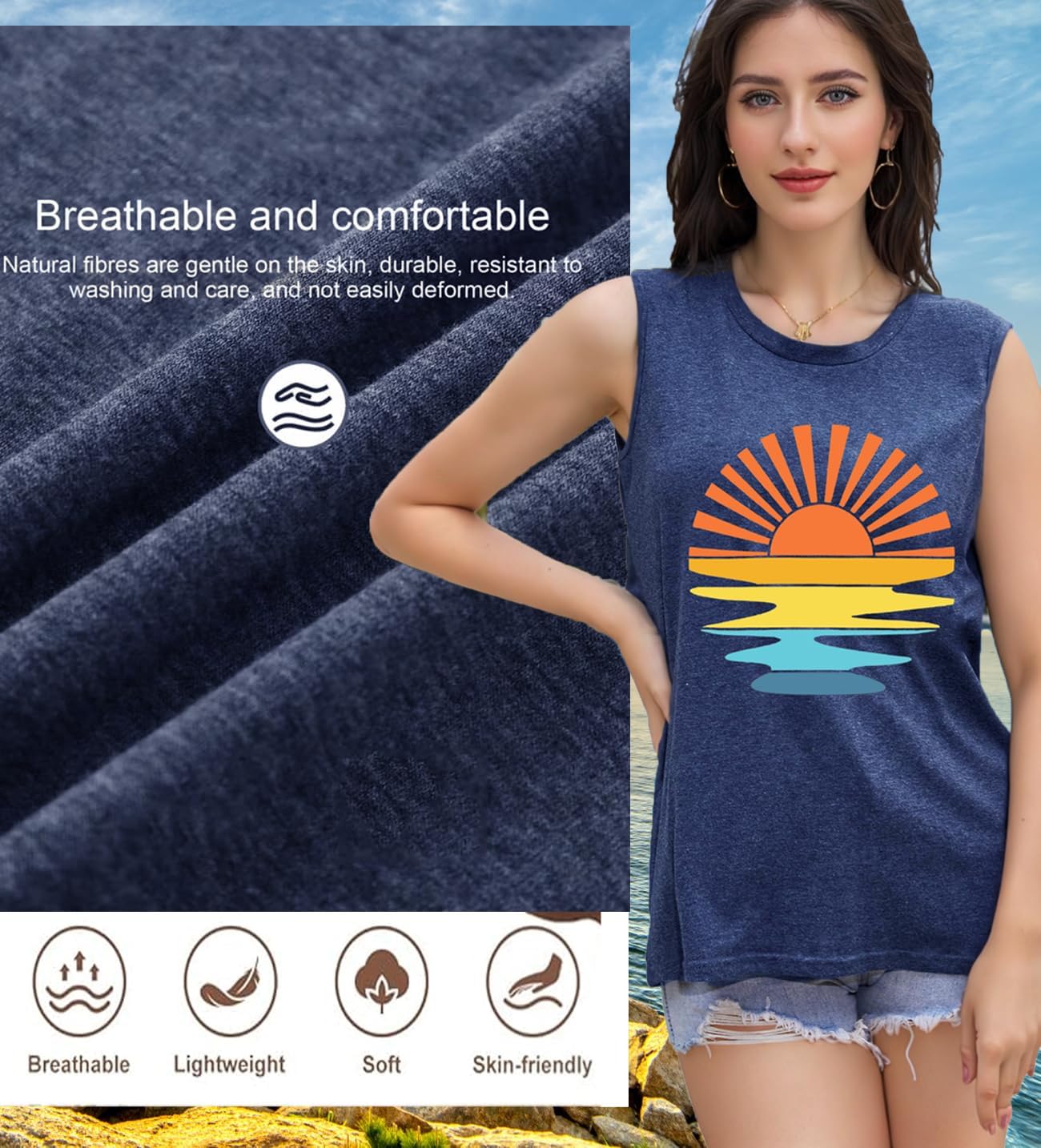 Womens Sunshine Graphic Tank Top Summer Beach Tops Casual Hawaiian Shirts Dark Blue,M - Image 5