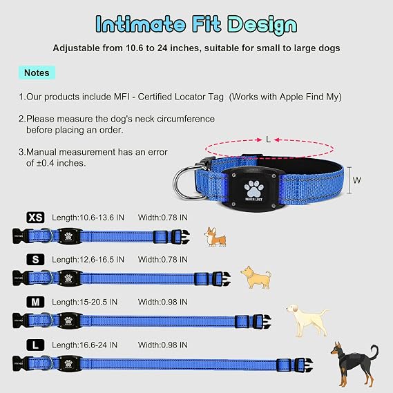GPS Dog Collar Tracker 2-in-1,Reflective Waterproof Pet Collar,iOS-Only,No Monthly Fees,Unlimited Range,Dog Tracking Collar Pet Tracker,for Small Medium Large Dogs(XS (10.6-13.6), Blue)