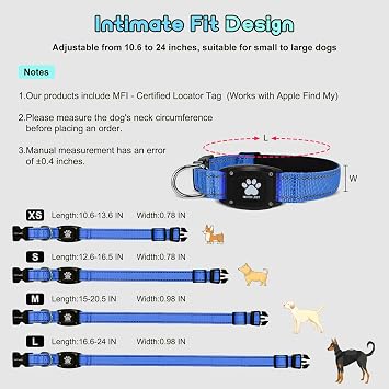 GPS Dog Collar Tracker 2-in-1,Reflective Waterproof Pet Collar,iOS-Only,No Monthly Fees,Unlimited Range,Dog Tracking Collar Pet Tracker,for Small Medium Large Dogs(XS (10.6-13.6), Blue)