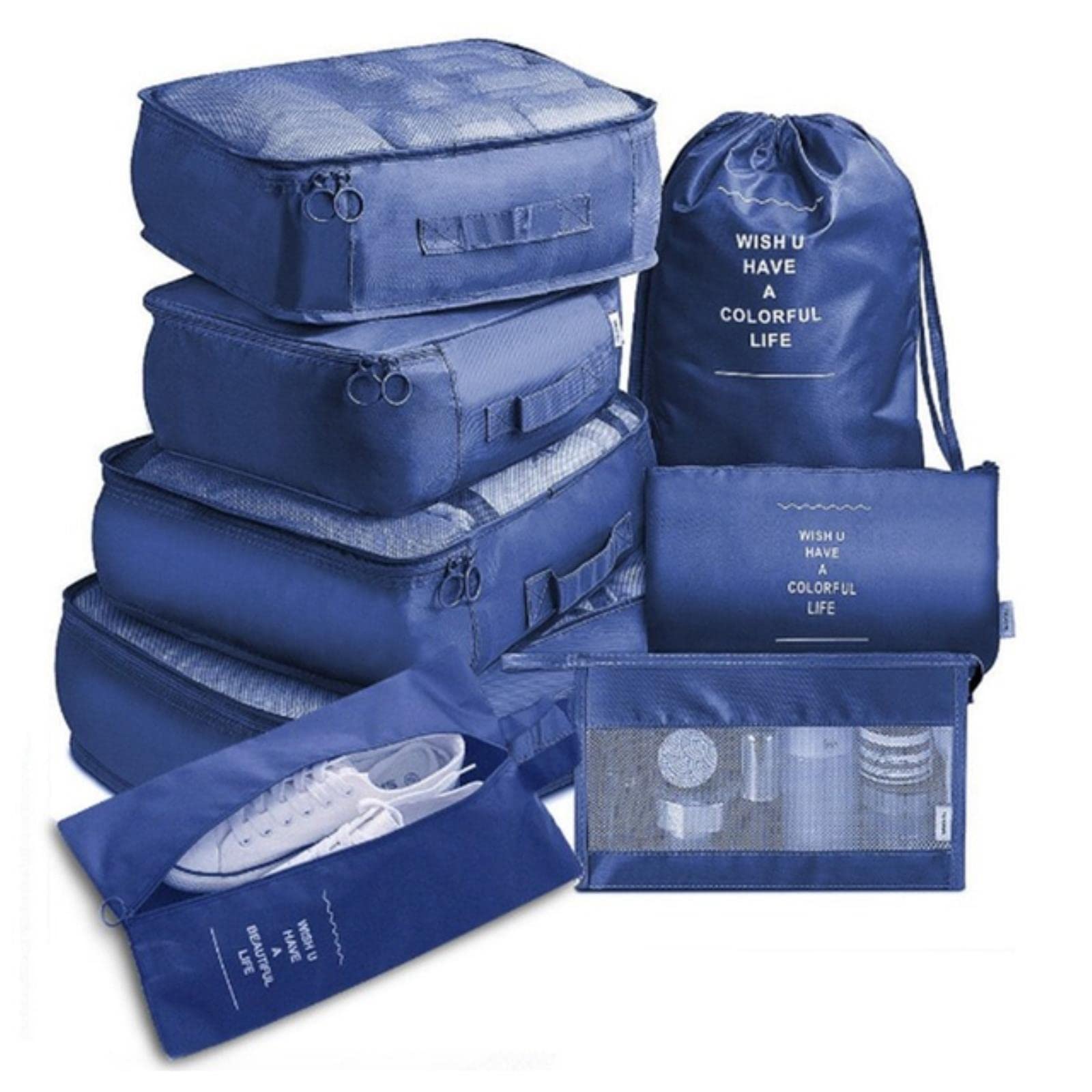 Borsa portaoggetti da 9 Pezzi Valigia Set di cubi da imballaggio Set Bagaglio a Mano Organizzatore Abbigliamento Scarpe Dati Cosmetici Tidy Pouch Cases Kit-Blu Scuro