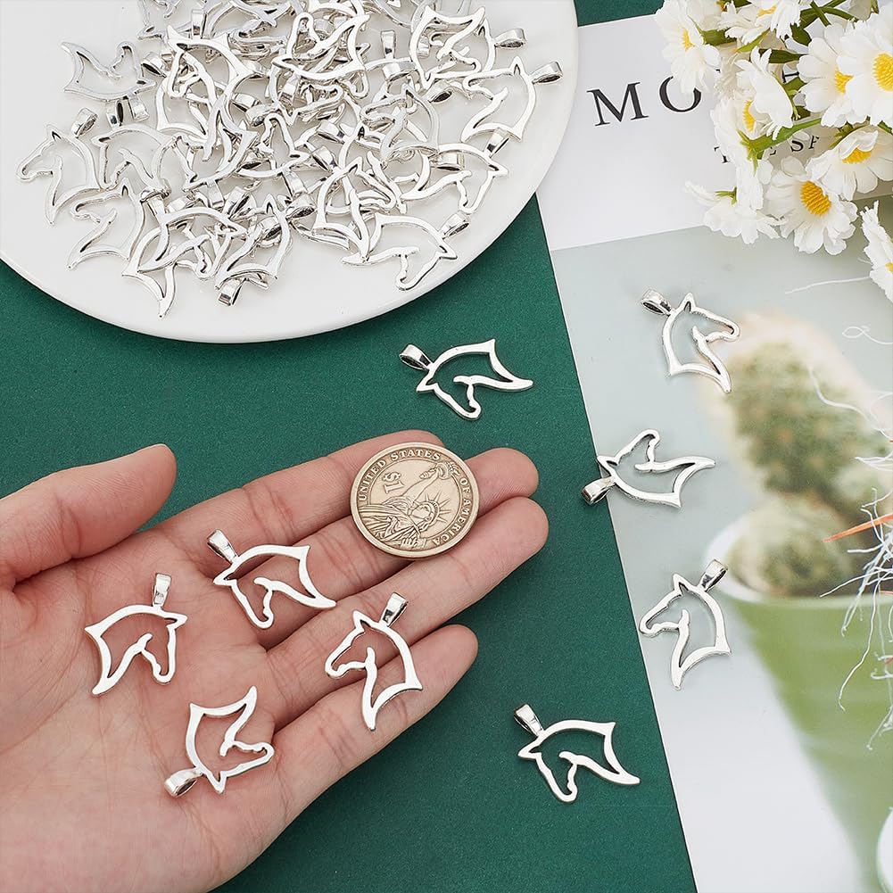 PH PandaHall 100pcs Horse Charms Metal Open Back Bezel Pendants Alloy Animal Equestrian Horsemanship Charm for Western Cowboy Bracelet Necklace Earrings Jewelry Making, Silver - Image 3