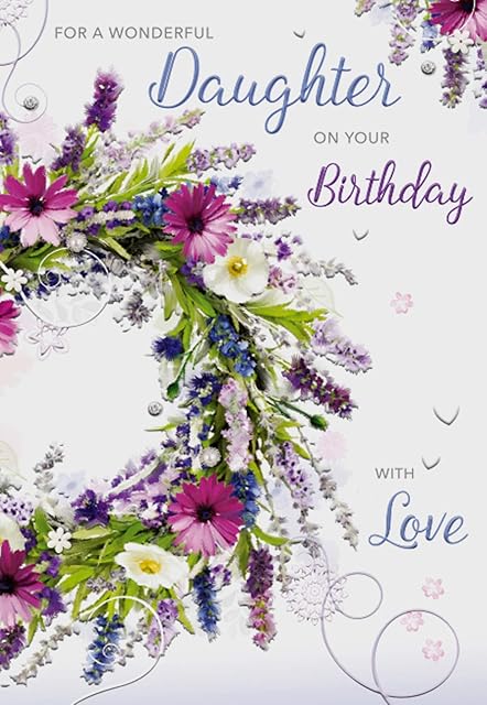 Artistic Traditional Words n Wishes Wonderful Daughter Birthday Card - Jewelled Wildflower Wreath - Embossed Finish - Greeting Card for Her (WW-M054)