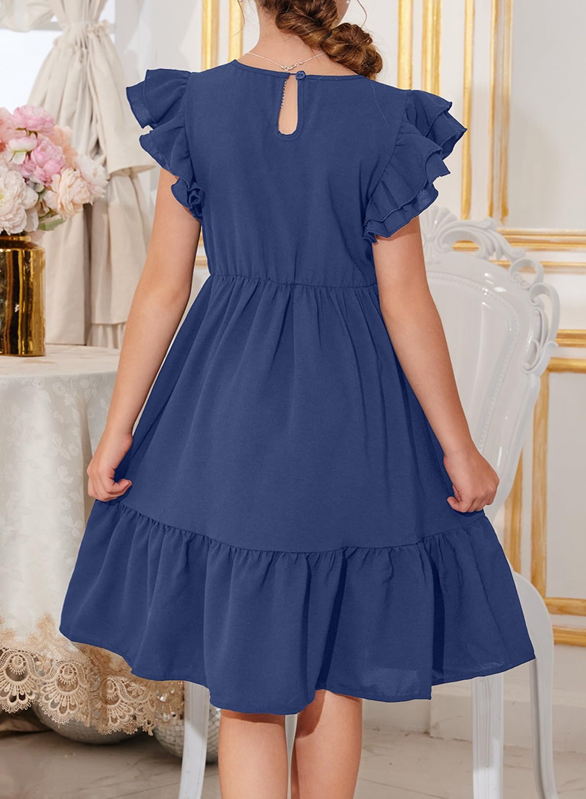 blibean Vestidos para niñas adolescentes, vestido de manga con volantes de doble capa, talla 6-15 años