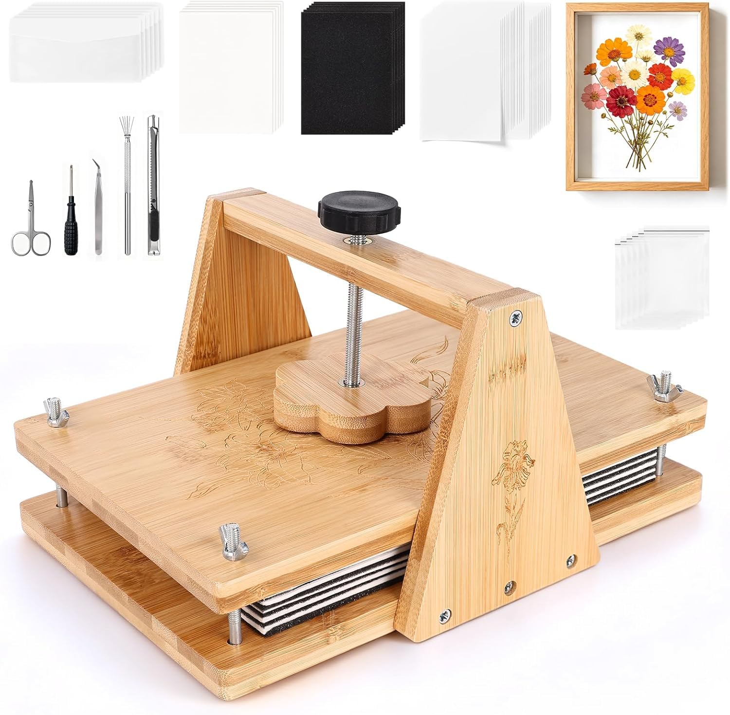cenoz Blumenpresse-Kit Groß aus Holz für Erwachsene, 30×20cm Pflanzenpresse Set mit Trocknungsplatte, DIY Pressblumen Kit, Blütenpresse & Blumenpresse für Erwachsene, Floristen,Basteln und Dekorieren