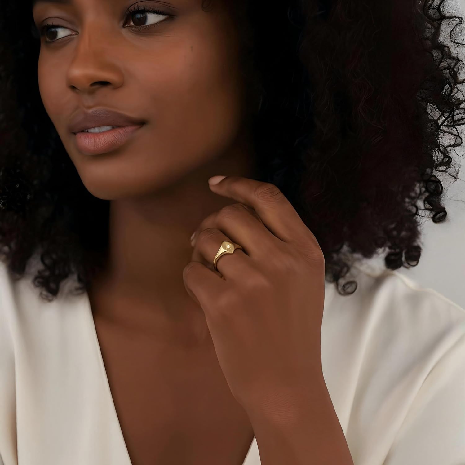 CZ Gold Marquise Signet Ring - Star Engraving CZ Paved - 14k Gold Ring for Women - Handmade Gold Jewelry