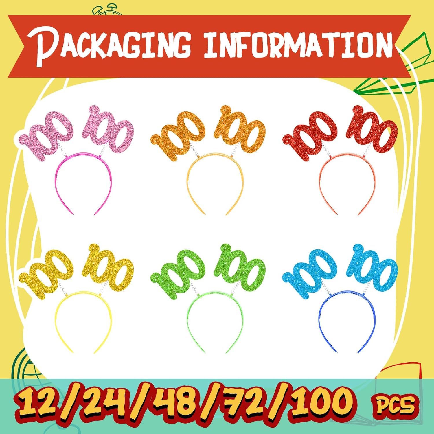 Taiyin 72 Pcs 100 Days of School Headband Glittery 100th Head Boppers 100 Glittered Boppers Party Accessory for Kids