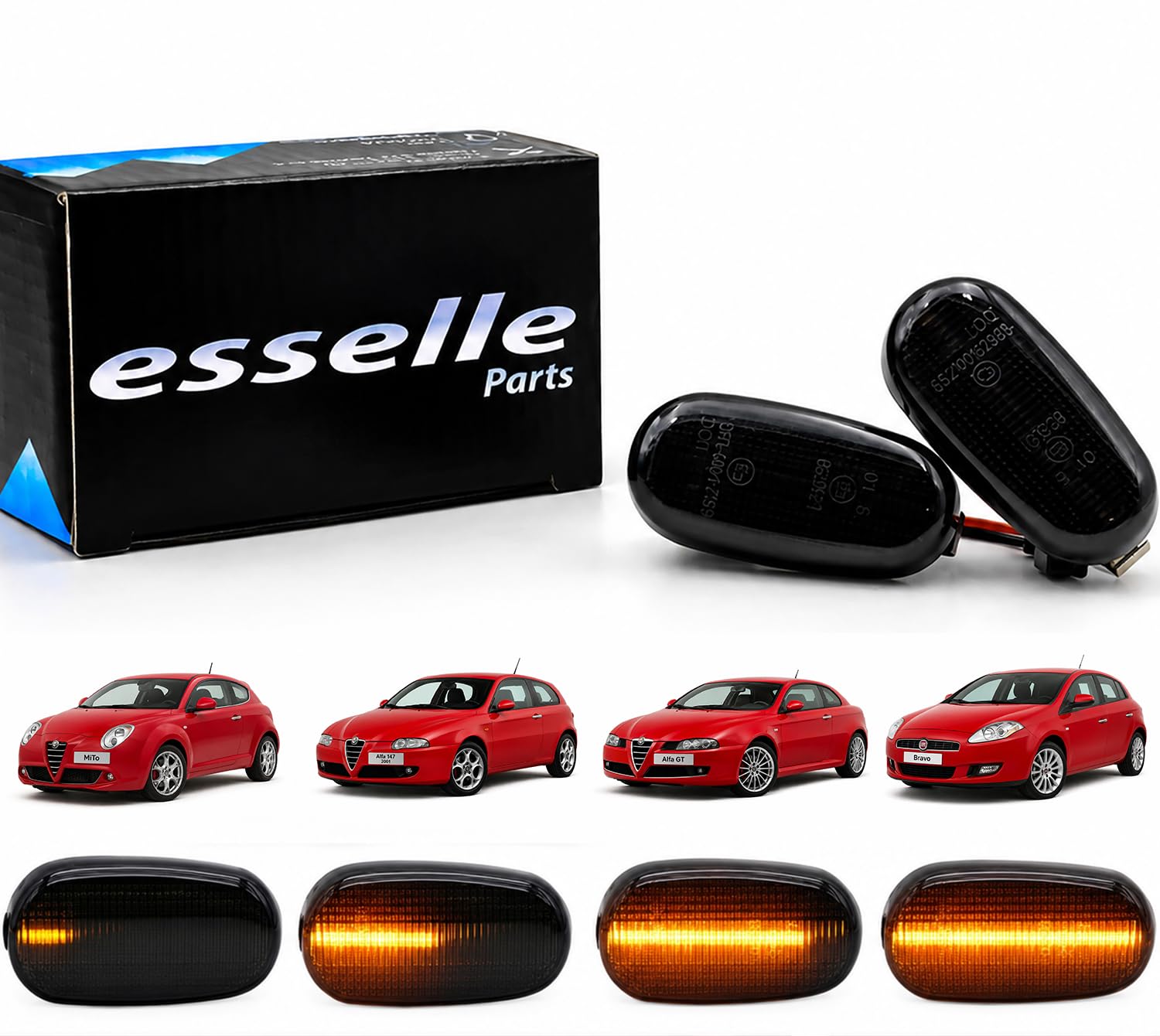 Coppia Frecce Laterali Nero Fumé Progressive Dinamiche A Led per Alfa Romeo Mito, 147 pre-restyling, GT, Fiat Bravo MK2, Plug and play Canbus nessun errore