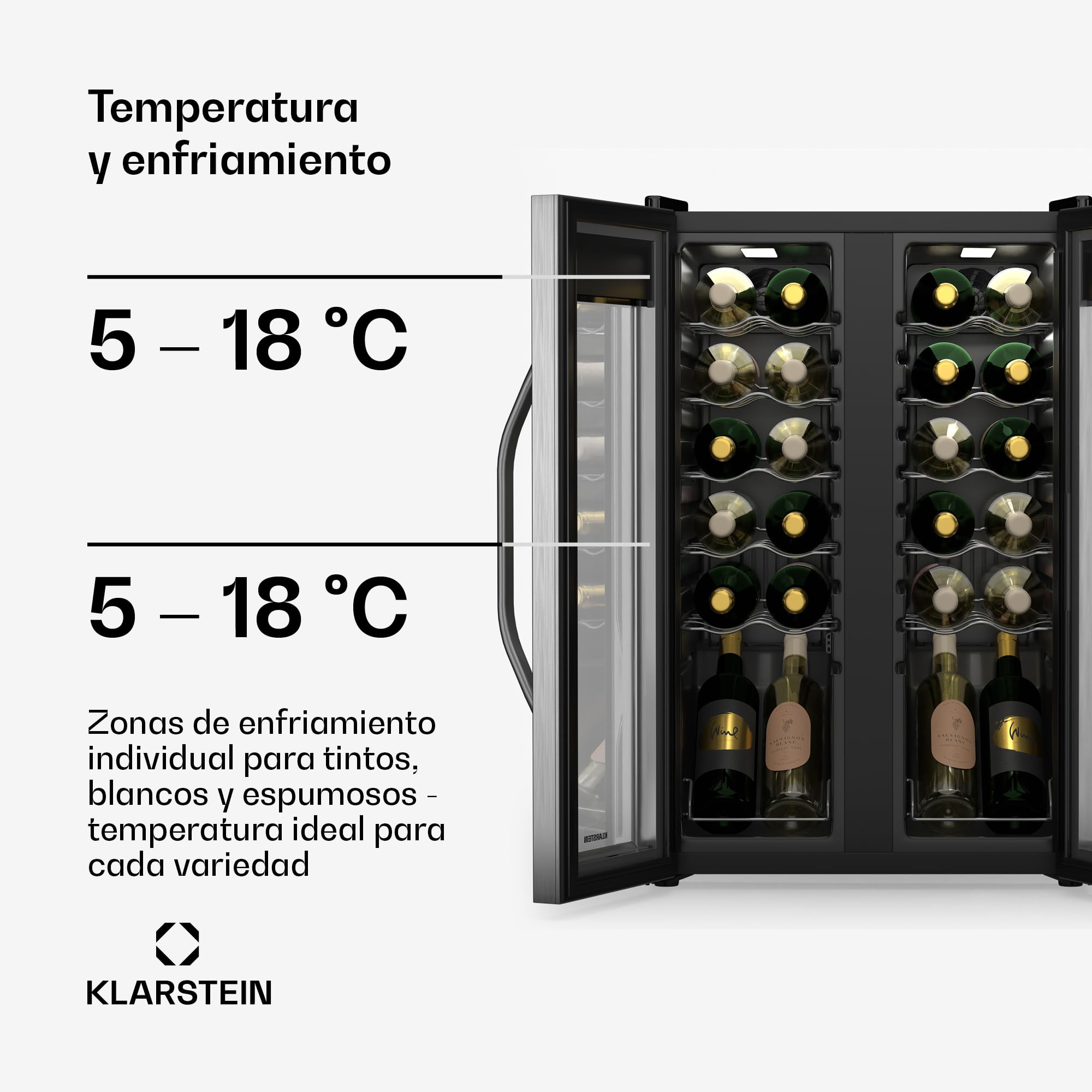 KLARSTEIN Vinamour nevera para vino 2 zonas - 24 botellas, 5-18°C, control táctil, iluminación LED, independiente, acero inoxidable doble puerta, nevera para vino