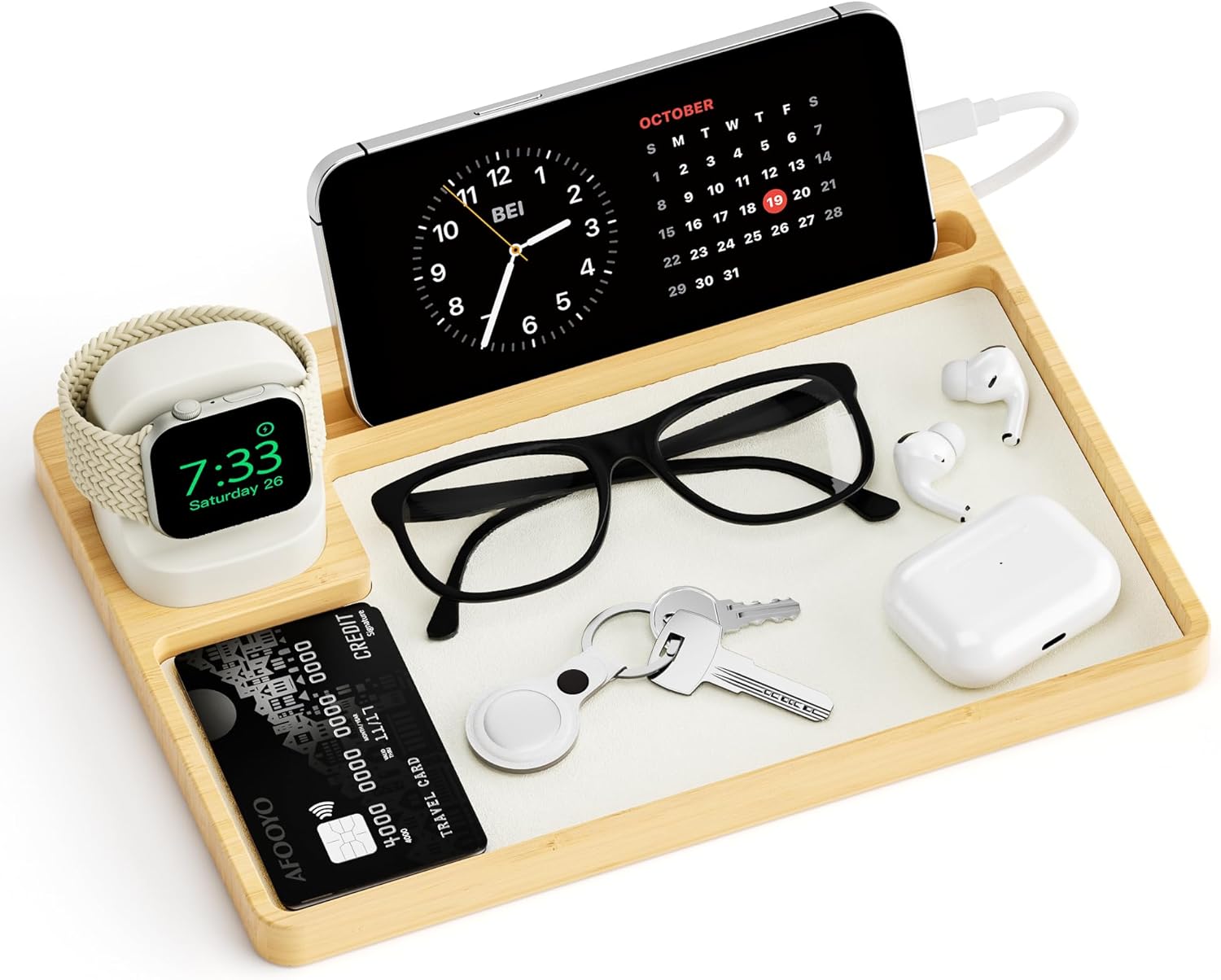 AFOOYO Wooden Watch Band Organizer - Charger Stand Compatible with All Apple Watch Series and Watch Bands Display Watch Storage Case Tray with Acrylic Top Lid(Bamboo)