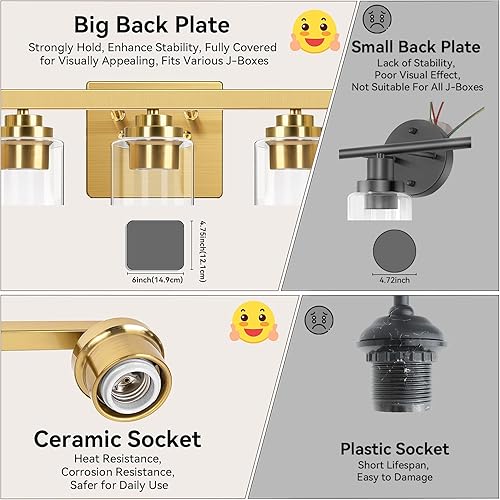 Miniatura 7 de Lámparas de baño de 3 luces, 19 pulgadas, modernas luces de tocador sobre espejo con pantallas de vidrio transparente, accesorio de luz dorada,